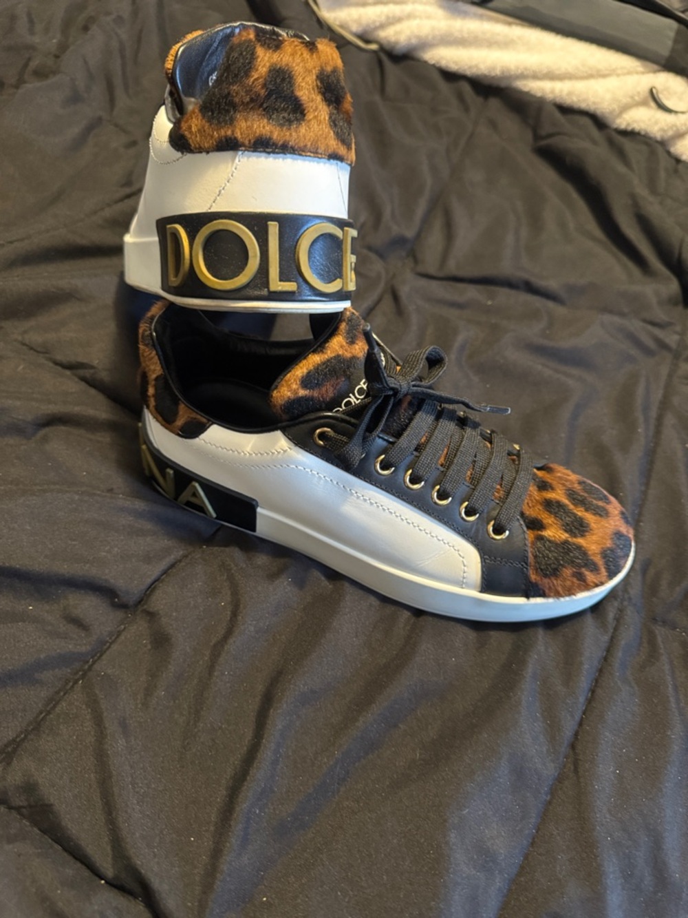 Dolce & Gabbana White, Black & Leopard-Print Low-Top Sneakers